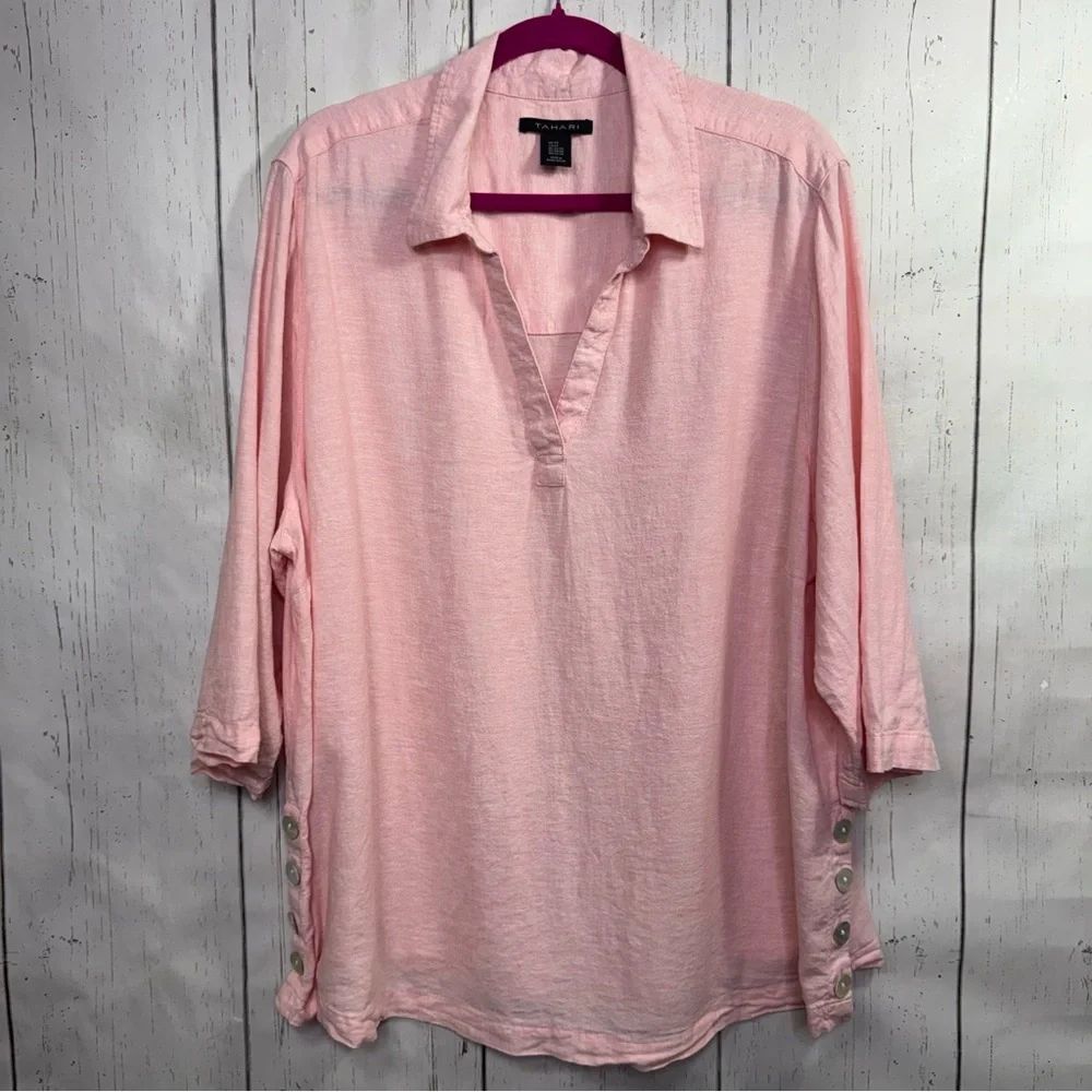 Tahari Pink Linen Blend Tunic Top Size 2X Button Side Casual Minimalist Coastal